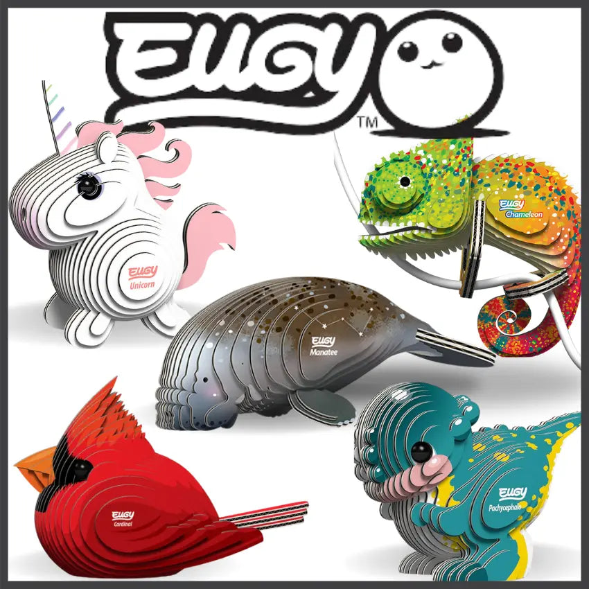 A collection of colorful Eugy 3D puzzle animals, including a unicorn, chameleon, whale, cardinal, and penguin, arranged against a white background with the Eugy logo above.