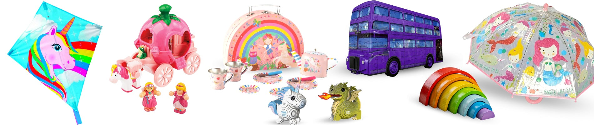 Toys with a 'fantastical' theme: a unicorn umbrella, princess carriage, unicorn, dragon, Harry potter bus and rainbow.