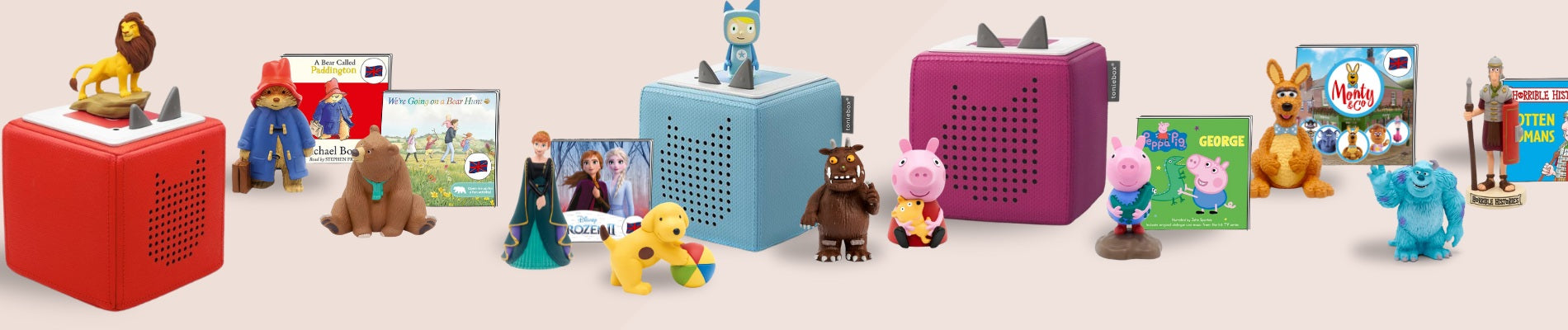 Selection of Toniebox music and audio players with characters such as Spot the Dog, The Gruffalo, Peppa Pig and more.