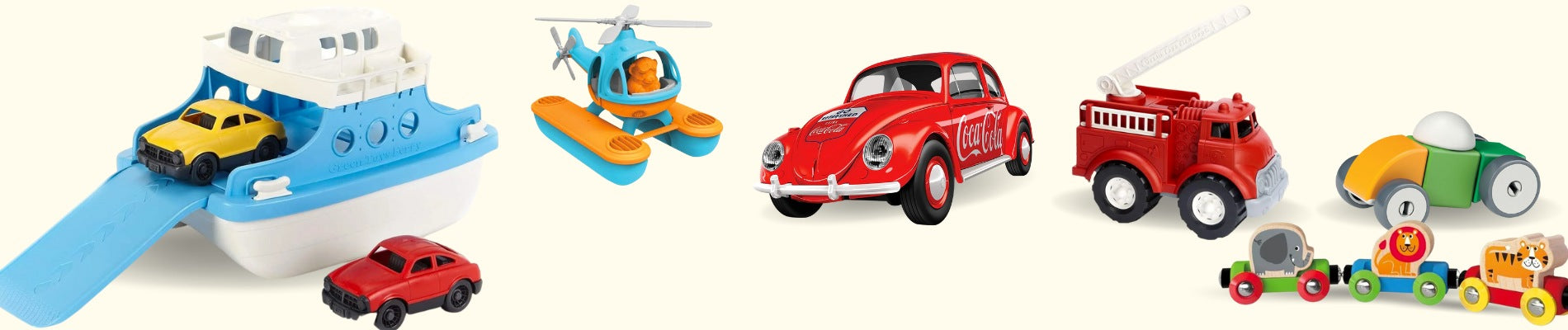 Collection of children's play vehicles including a car ferry, helicopter, Airfix and train.
