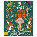 The cover of "5 Minute Nature Stories" by Magic Cat Publishing, authored by Gabby Dawnay and illustrated by Mona K., has a whimsical green background with woodland animals like a fox, rabbit, mouse, frog, and bird among flowers and a mushroom. Ideal for enchanting bedtime tales.
