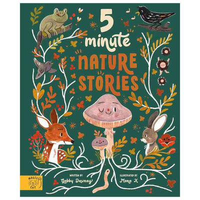 The cover of "5 Minute Nature Stories" by Magic Cat Publishing, authored by Gabby Dawnay and illustrated by Mona K., has a whimsical green background with woodland animals like a fox, rabbit, mouse, frog, and bird among flowers and a mushroom. Ideal for enchanting bedtime tales.