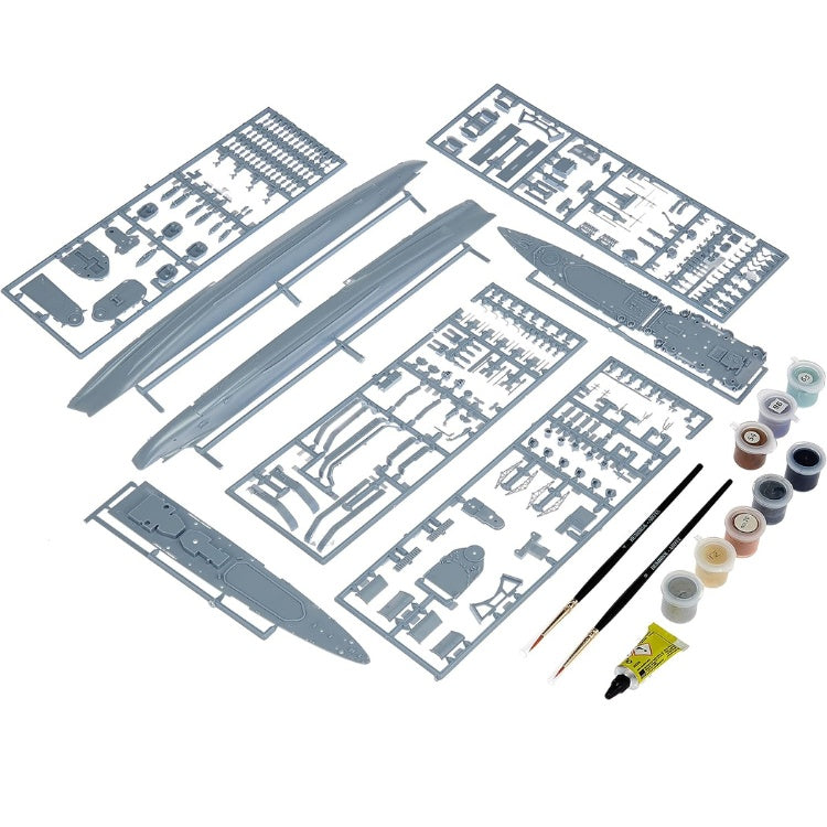 Parts to build the scale model kit of the HMS Belfast ship.