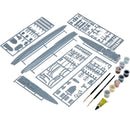 Parts to build the scale model kit of the HMS Belfast ship.