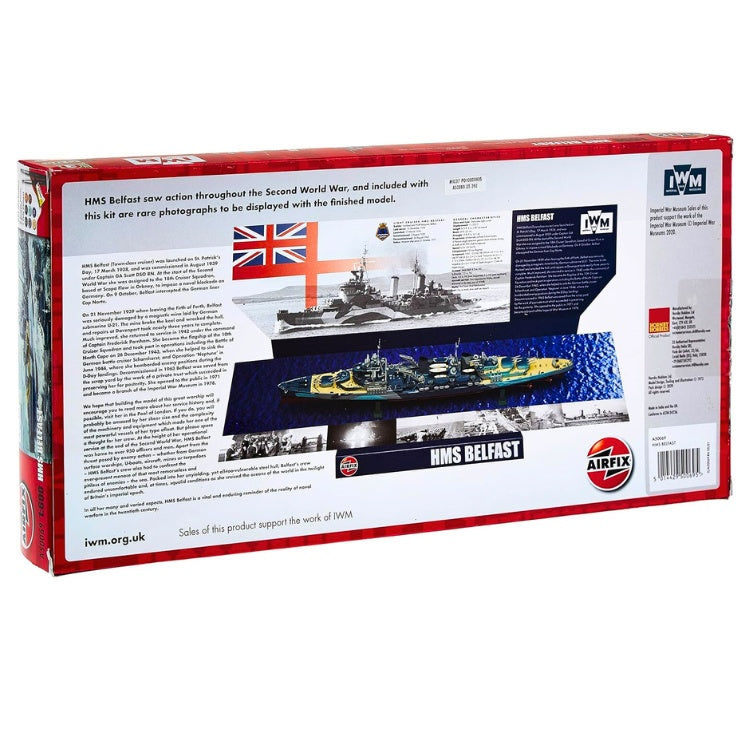 Rear of the box containing the scale model kit of the HMS Belfast ship. White background.