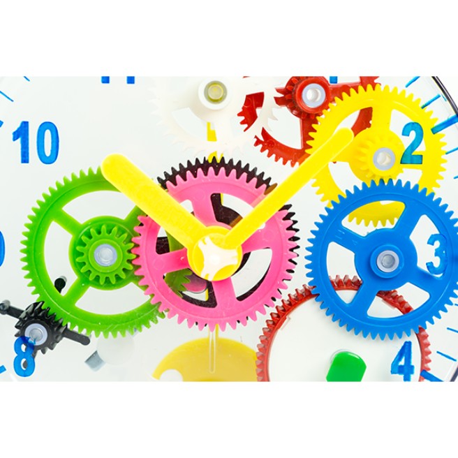 Colourful plastic cogs and parts of the Clock science kit.