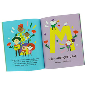 An open book from Bloomsbury reveals colorful illustrations. The left page shows diverse characters dancing joyfully with flowers, while the right displays a large yellow "M" and "M is for MULTICULTURAL." This enchanting children's book, An ABC of Equality, celebrates social justice and unity.