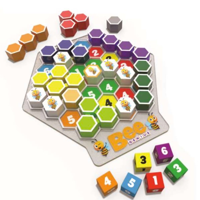 Colourful, hexagonal pieces that make up the Bee Genius game.