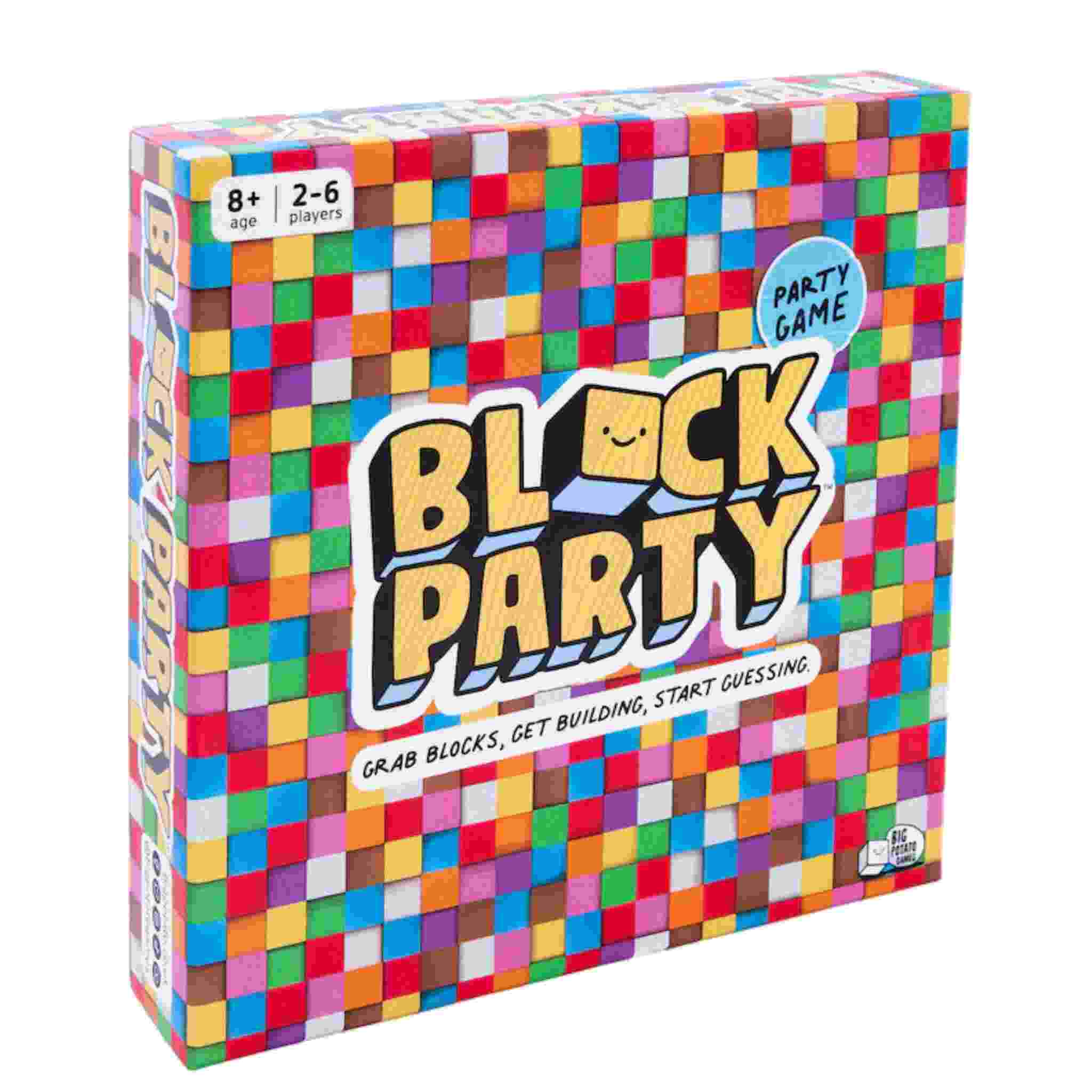 The image displays a colorful box of the "Block Party" game by Big Potato, showcasing a vibrant grid with a variety of colored squares. Designed for ages 8 and up, this guessing board game accommodates 2-6 players, offering exciting Block Party challenges.