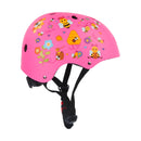BOLDCUBE's Kids Helmet in pink is adorned with bees, flowers, and honeycombs. Made from impact-resistant materials, it offers ventilation holes and an adjustable black strap for comfort and safety.