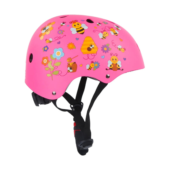 BOLDCUBE's Kids Helmet in pink is adorned with bees, flowers, and honeycombs. Made from impact-resistant materials, it offers ventilation holes and an adjustable black strap for comfort and safety.