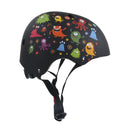 The BOLDCUBE Kids Helmet is black and decorated with colorful cartoon monsters in shades of green, orange, and purple. Made from impact-resistant materials, it includes an adjustable black strap for a secure fit under the chin.