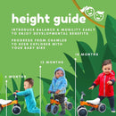 Three children on Boldcube's Baby Balance Bike - Benny Tiger at ages 6, 12, and 18 months. The jungle-themed green background highlights the benefits of early balance and mobility for developmental progress—a perfect first birthday gift.