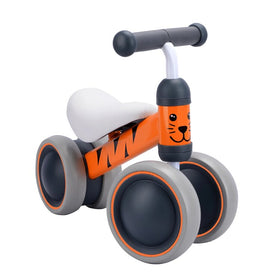 The Boldcube Baby Balance Bike - Benny Tiger is a bright orange and black balance bike with an adorable animal face, perfect for a jungle-themed first birthday gift. It features four large gray wheels and a soft white seat for stable and comfortable riding for little adventurers.