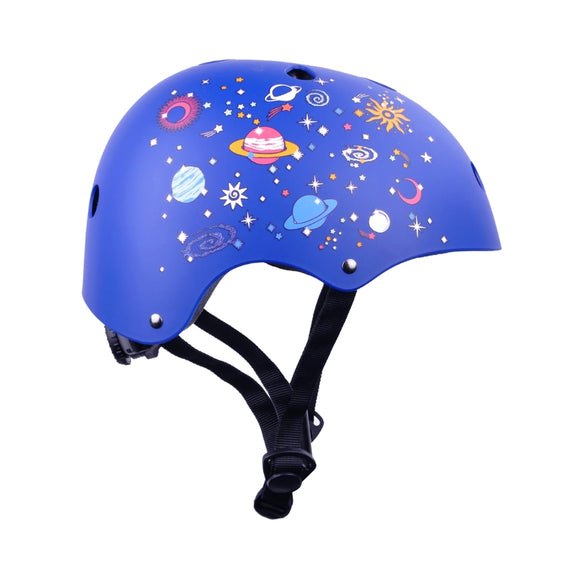 The BOLDCUBE Kids Helmet in blue boasts a black chin strap and colorful designs of planets, stars, and cosmic elements. Made from impact-resistant materials, its space-themed pattern is available in various sizes and colors, offering both fun and protection.