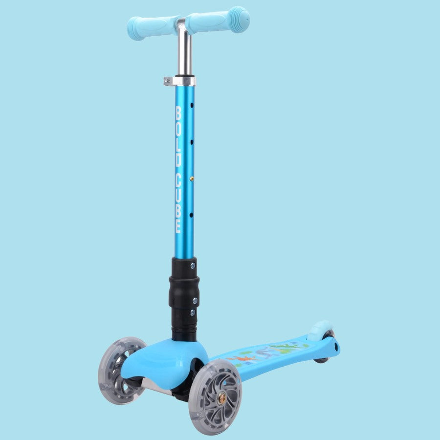 Blue 3-wheel scooter, light blue background.