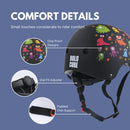 Discover the BOLDCUBE Kids Helmet, a black helmet with colorful monster designs. Made from chip-proof, impact-resistant materials, it includes a dial-fit adjuster and padded chin strap for top-notch protection and comfort. Blue background with white text highlights its standout features.