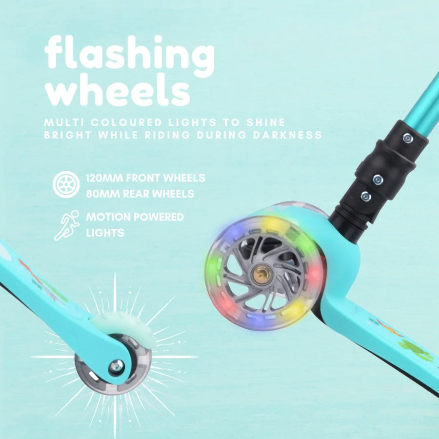 Graphic to show light-up wheels on scooter. Text in white reads: "flashing wheels; multi coloured lights to shine bright while riding during darkness." Below it reads " 120mm front wheels, motion powered lights."