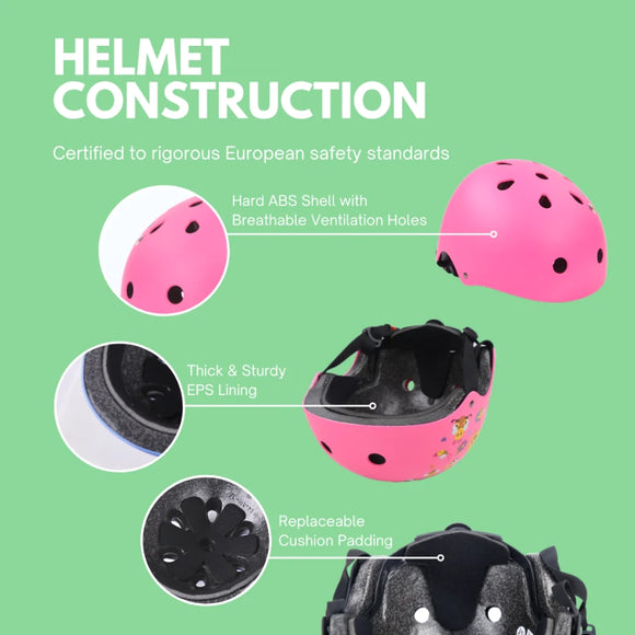An illustration of BOLDCUBE's Kids Helmet on a green background highlights its construction, featuring an impact-resistant ABS shell with ventilation holes, thick EPS lining, and replaceable cushion padding. It's pink with black spots for safety and style for young adventurers.