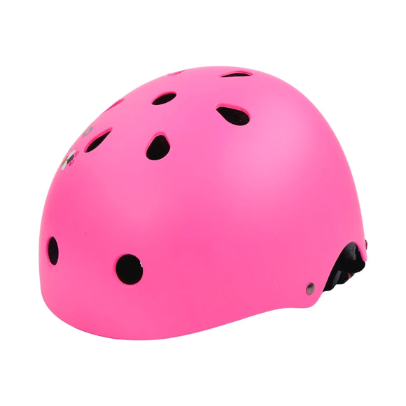 The BOLDCUBE Kids Helmet, shown in bright pink and a side view, features multiple ventilation holes. Made from impact-resistant materials with a smooth matte finish, it includes an adjustable black strap beneath it.