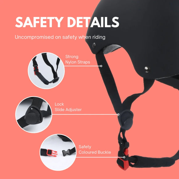 The BOLDCUBE Kids Helmet in black features impact-resistant materials, strong nylon straps, a lock slide adjuster, and a red safety buckle on a peach background. Text: "SAFETY DETAILS. Uncompromised on safety when riding." Prioritize your child's well-being with our protective helmets.