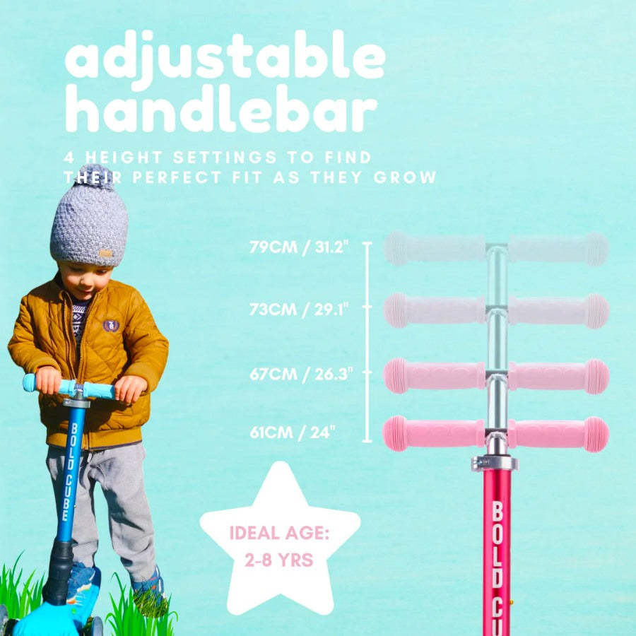 Graphic with pic of boy in hat on blue scooter. White text  reads: "Adjustable Handlebar, 4 height settings to find their perfect fit as they grow. Heights listed as: 79cm / 31.2" : 73cm /29.1" : 67cm / 26.3" : 61cm / 24. Ideal Age: 2-8 yrs"