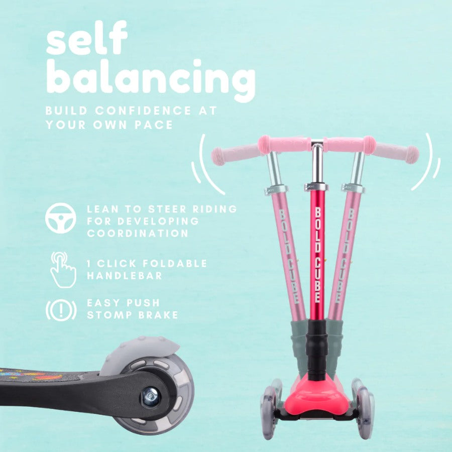 Graphic with pink scooter front-on. White text reads: Self-balancing - build confidence at your own pace." Below it reads: "Lean to steer riding for developing coordination, 1 click foldable handlebar, easy push stomp brake."