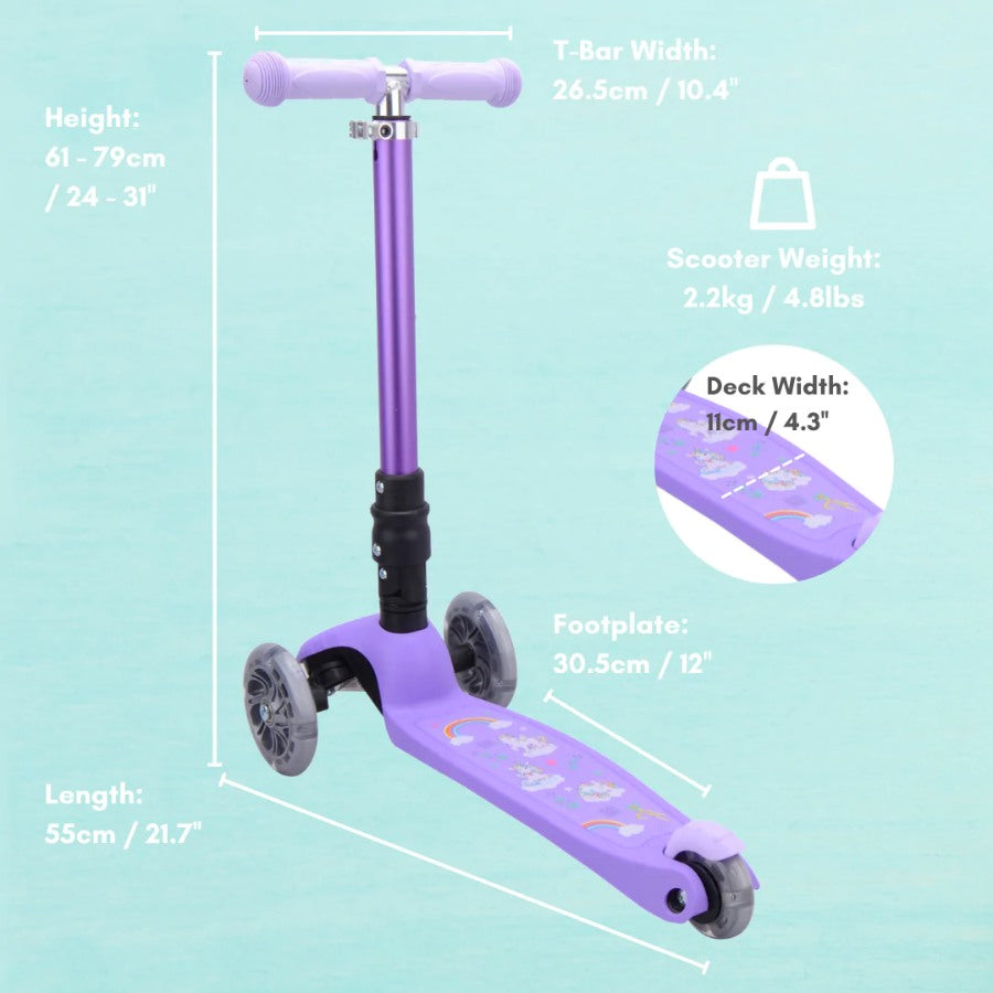 Graphic with purple scooter to illustrate dimensions which are: Height 61-79cm, T-bar width 26.5cm, Scooter weight 2.2kg, Deck width 11cm, Footplate 30.5cm and length 55cm.