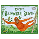 The cover of "Buddy's Rainforest Rescue," a children's book by Ellie Jackson, shows an orangutan swinging through a vibrant green rainforest filled with birds and butterflies, encapsulating the spirit of adventure.