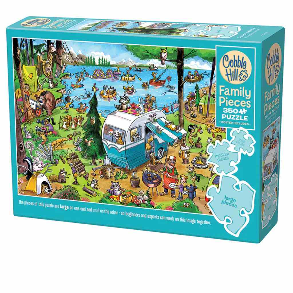 Explore Cobble Hill's "Call of the Wild" 350-piece family jigsaw, featuring a lively camping scene with anthropomorphic animals by a lake and camper van, surrounded by trees. The box highlights "Family Pieces 350+" with charming puzzle piece images.