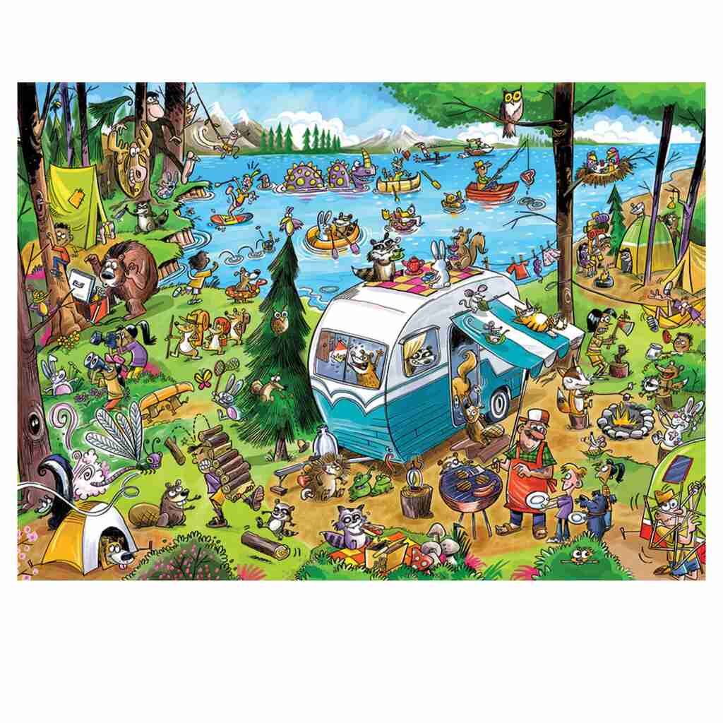 The Cobble Hill "Call of the Wild" (350 pieces) Family jigsaw puzzle depicts a lively campsite scene with anthropomorphic animals swimming, kayaking, and barbecuing. A blue camper van is central, surrounded by tents and a lake, bringing this picturesque setting to life.