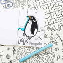 A page from the eggnogg Card Book – Pop-up Animals features a partially colored "PP Penguin" drawing, perfect for children's craft activities. A blue marker sits nearby against a background of whimsical, doodle-like patterns in black ink, inspiring young artists to color creatively.