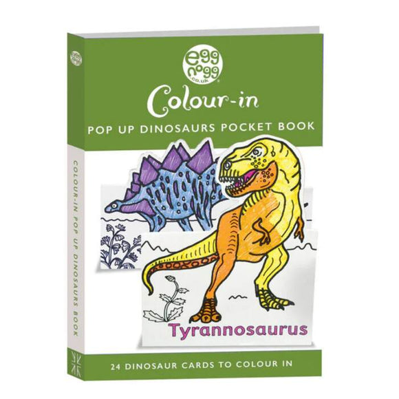 Cover of eggnogg's "Card Book – Pop-up Dinosaurs" features a vibrant coloring craft activity with illustrated dinosaurs: a yellow Tyrannosaurus and a purple Stegosaurus. Text reads "24 Dinosaur Cards to Colour In." The background is white with a green border.