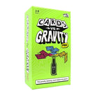 A vibrant green box with "Cards vs Gravity" text boasts colorful, waterproof cards that balance on a bottle. Offered by Big Potato, it's described as the "gravity-defying, card-balancing game," similar to Jenga but pocket-sized and perfect for 2-8 players.