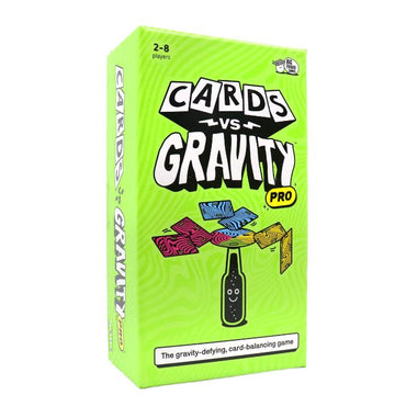 A vibrant green box with "Cards vs Gravity" text boasts colorful, waterproof cards that balance on a bottle. Offered by Big Potato, it's described as the "gravity-defying, card-balancing game," similar to Jenga but pocket-sized and perfect for 2-8 players.
