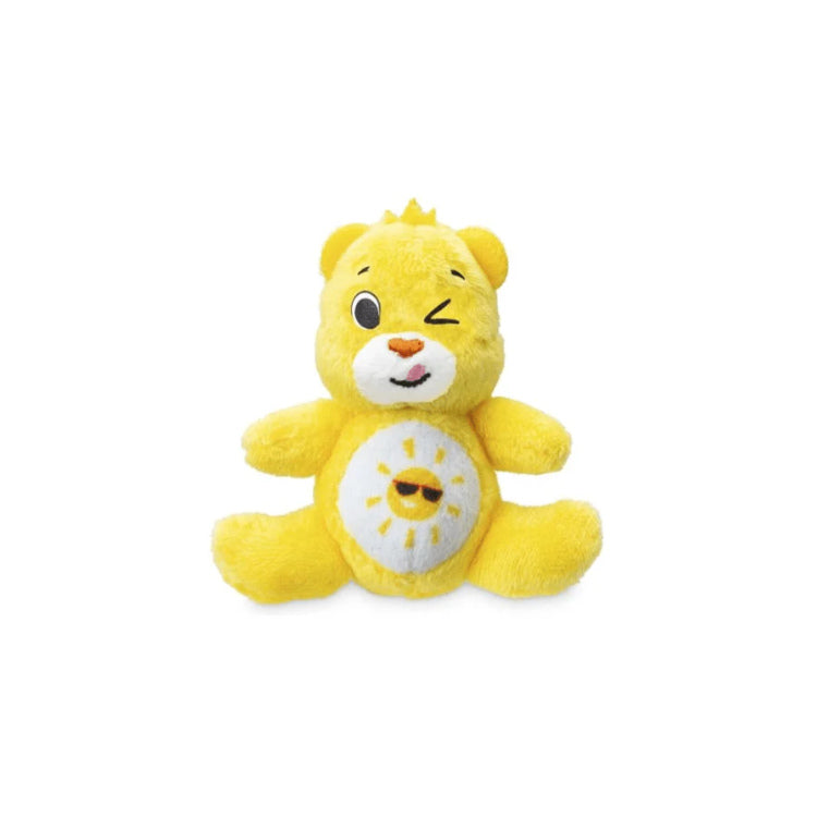 This charming yellow bear is from the "Care Bears Mini Classics Micro Plush 3-Pack" by Basic Fun. It features a sun emblem on its belly, sits winking with tiny tufts on its ears, and has a cheerful expression that makes it an ideal addition to any micro plush toys collection.