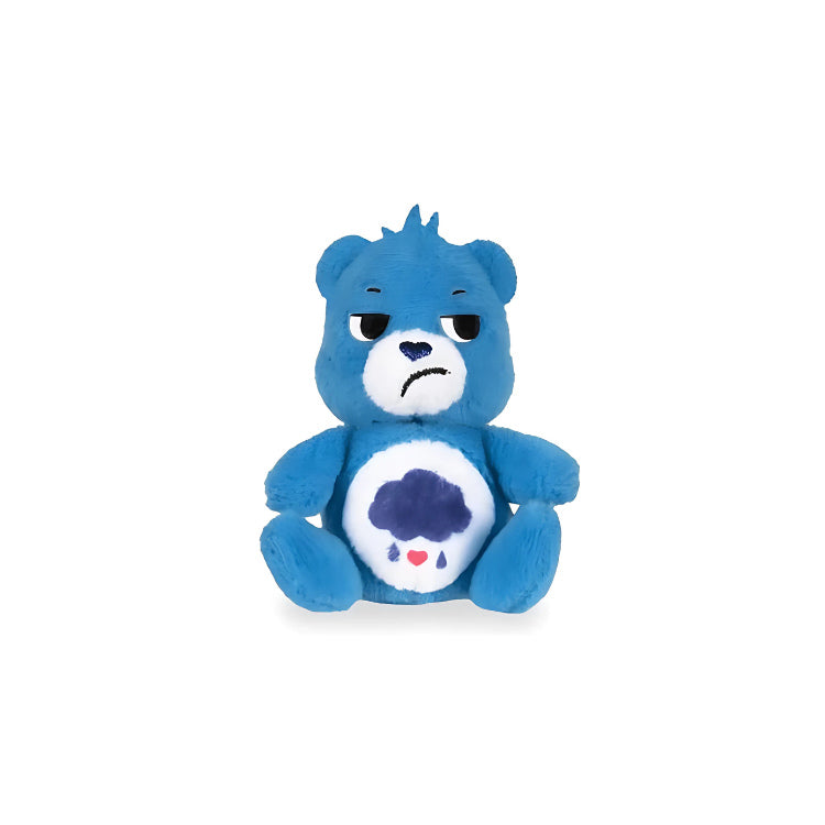 A plush bear from the Basic Fun Care Bears Mini Classics Micro Plush 3-Pack is displayed against a white backdrop. This blue micro plush toy showcases a cloud with raindrops on its belly and has an expression with furrowed brows, highlighting its distinctive charm.