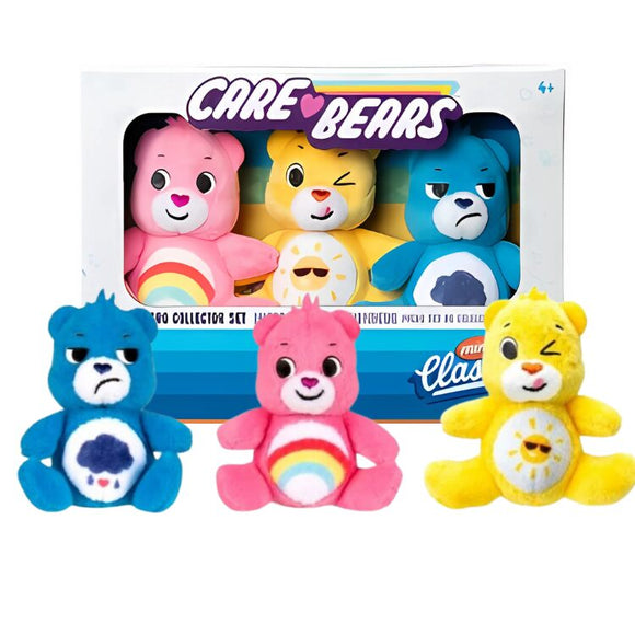 Introducing the Care Bears Mini Classics Micro Plush 3-Pack by Basic Fun: a delightful collector's set that includes blue, pink, and yellow micro plush Care Bears. Packaged in an enchanting gift box, each bear showcases a distinct belly symbol, such as a cloud with rain, rainbow, or a sun wearing sunglasses.