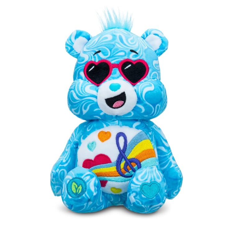 Introducing the Care Bears Eco Plush 22cm by Basic Fun: a delightful blue plush teddy bear adorned with heart-shaped sunglasses and a music note motif on its belly. Reminiscent of classic Care Bears, it features swirling patterns, a tuft of hair on its head, and striking red, orange, and yellow accents.