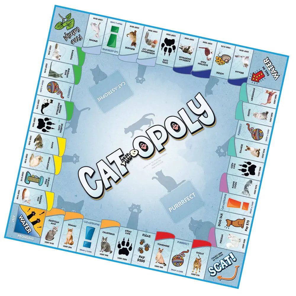 Cat-Opoly, by Outset Cheatwell, is a fantastic game for any cat enthusiast. This cat-themed board game features spaces with illustrations of various breeds, paws, and fishbones, plus fun "Water" and "Scat!" corner spaces.