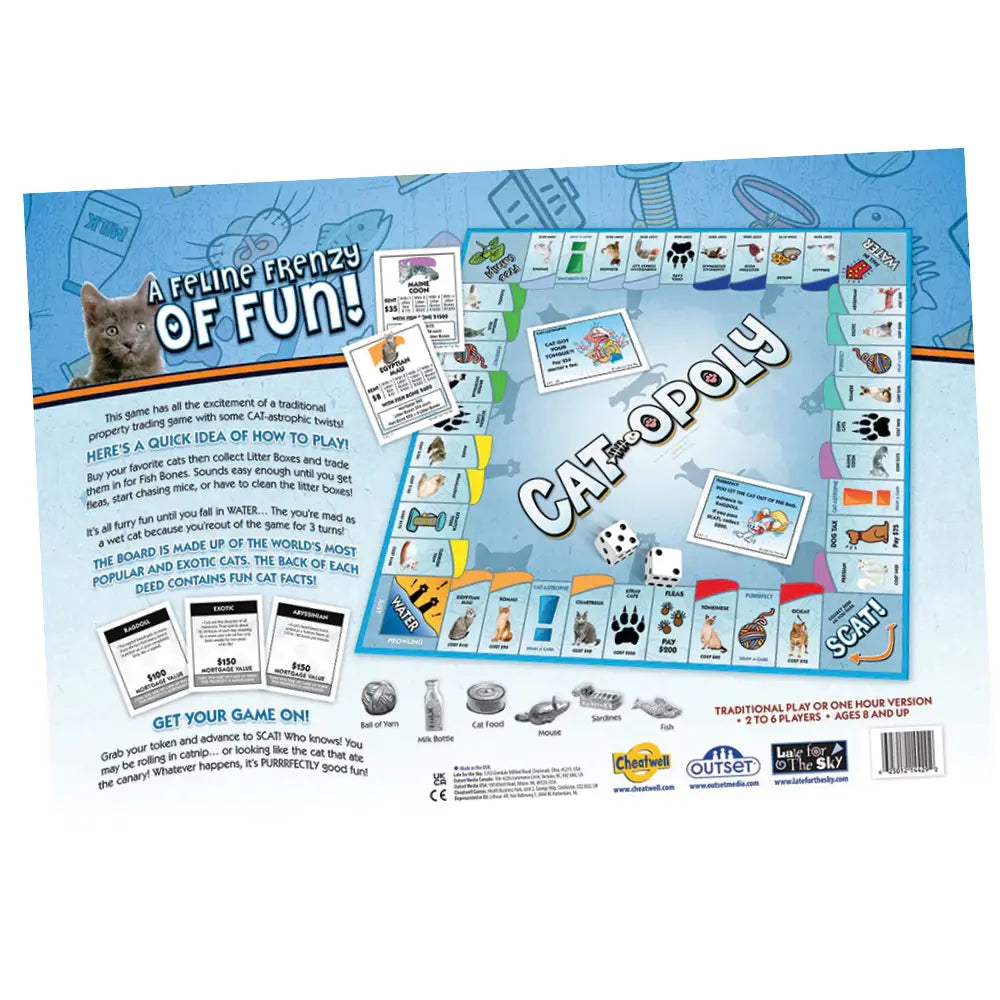 The "Cat-Opoly" board game by Outset Cheatwell features a playful cat theme on its blue cover. It includes colorful game cards, dice, and properties with cat-related names. The text highlights the game's fun elements, making it an essential for any true cat lover.