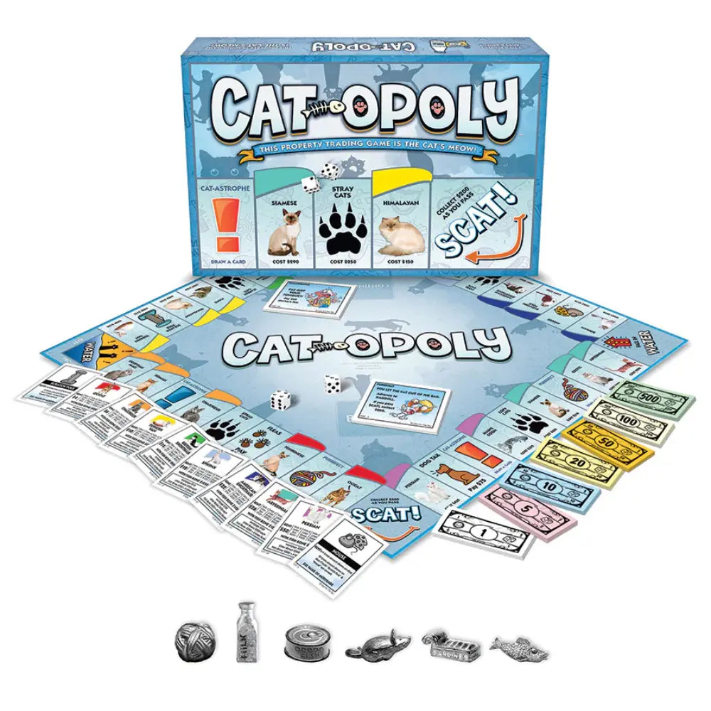 Dive into Cat-Opoly by Outset Cheatwell, ideal for feline enthusiasts. Featuring cat-themed properties and tokens like a fish and milk bottle, it's perfect for cat lovers. The box flaunts cartoon cats and paw prints with the board, cards, and money neatly arranged around it.