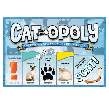 Outset Cheatwell's Cat-Opoly is a purr-fect game for feline enthusiasts, featuring properties like Siamese ($290), Stray Cats ($250), and Himalayan ($150). With dice, paw prints, and a fishbone, this property trading game is the cat's meow for every dedicated cat lover!.