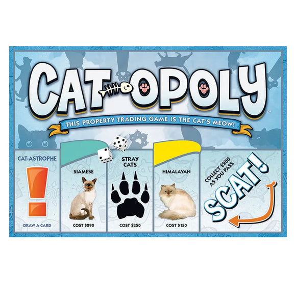 Outset Cheatwell's Cat-Opoly is a purr-fect game for feline enthusiasts, featuring properties like Siamese ($290), Stray Cats ($250), and Himalayan ($150). With dice, paw prints, and a fishbone, this property trading game is the cat's meow for every dedicated cat lover!.