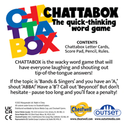 The colorful "Chattabox" logo appears above the game’s description. This fast-paced Cheatwell Games word party game includes cards, score pad, pencil, and rules—perfect for lively gatherings. Features Cheatwell Games branding.
