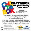 The colorful "Chattabox" logo appears above the game’s description. This fast-paced Cheatwell Games word party game includes cards, score pad, pencil, and rules—perfect for lively gatherings. Features Cheatwell Games branding.