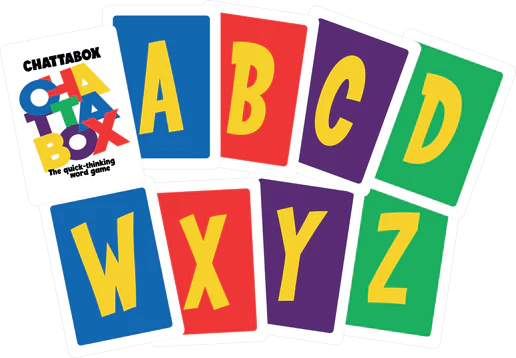 Chattabox by Cheatwell Games: a vibrant word game for all ages! Each card shows a big yellow letter (A, B, C, D, W, X, Y, Z) on a red, blue, green or purple background—perfect for parties and group fun.