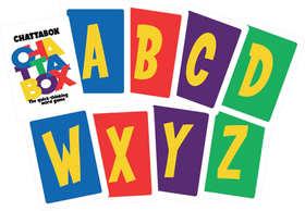Chattabox by Cheatwell Games: a vibrant word game for all ages! Each card shows a big yellow letter (A, B, C, D, W, X, Y, Z) on a red, blue, green or purple background—perfect for parties and group fun.
