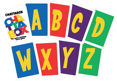 Chattabox by Cheatwell Games: a vibrant word game for all ages! Each card shows a big yellow letter (A, B, C, D, W, X, Y, Z) on a red, blue, green or purple background—perfect for parties and group fun.