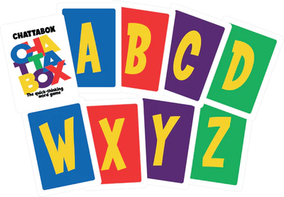 Chattabox by Cheatwell Games: a vibrant word game for all ages! Each card shows a big yellow letter (A, B, C, D, W, X, Y, Z) on a red, blue, green or purple background—perfect for parties and group fun.